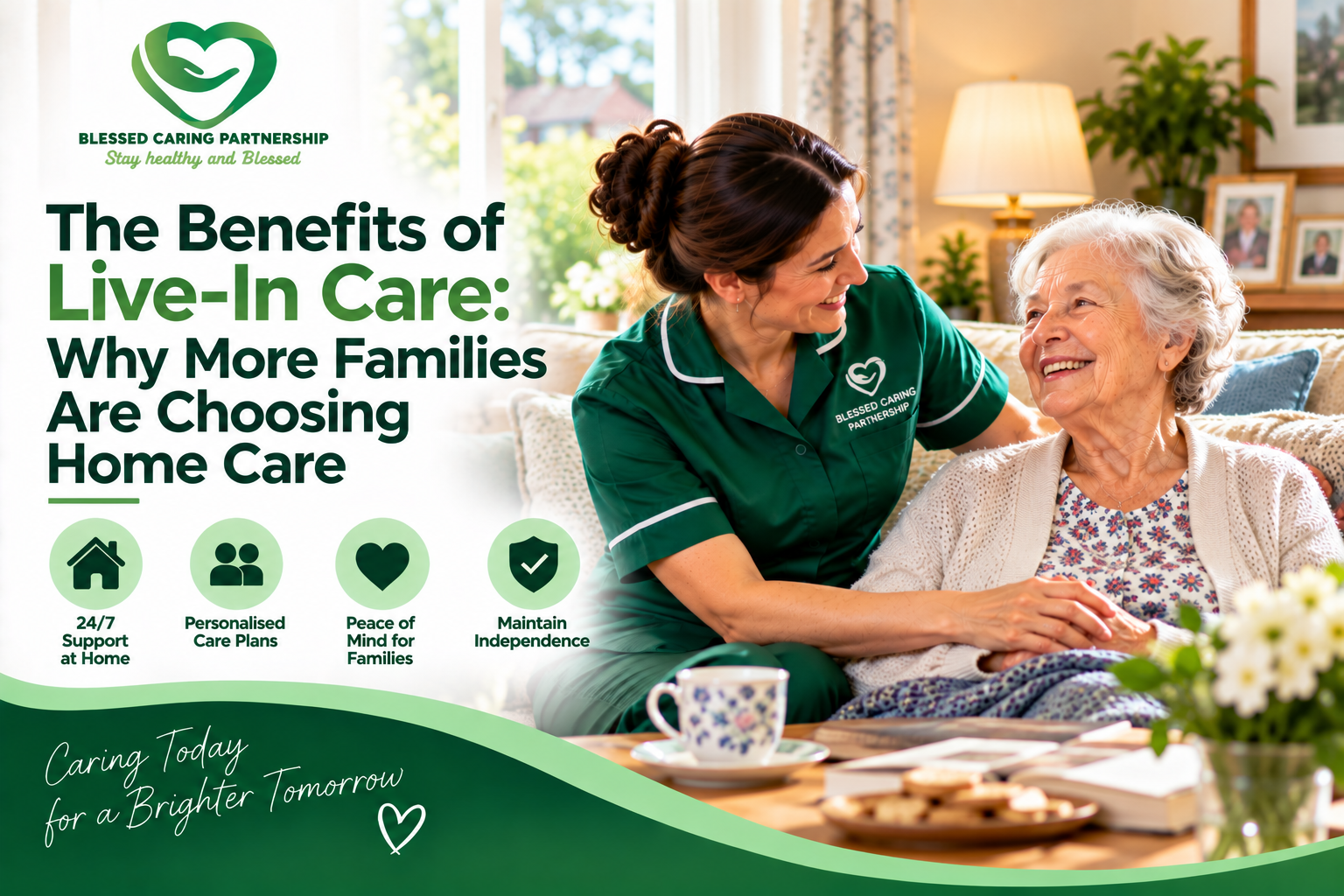 Live-in care worker supporting an elderly woman at home with personalised care and companionship