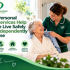 Personal care worker assisting an elderly woman at home with daily care and safe independent living