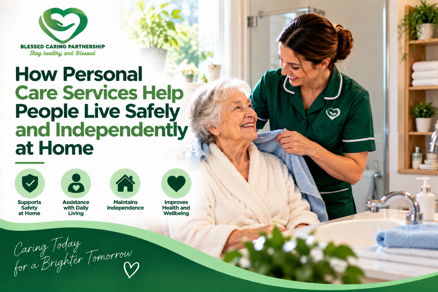 Personal care worker assisting an elderly woman at home with daily care and safe independent living