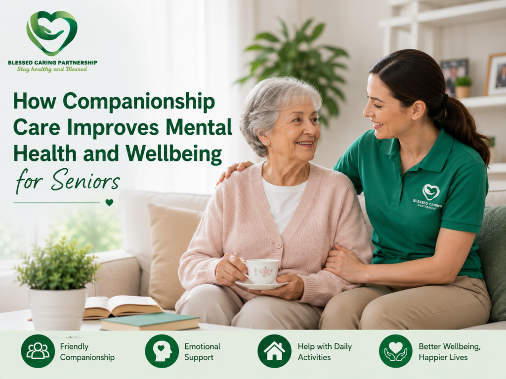 Caregiver providing companionship care to an elderly woman at home.