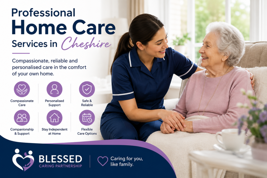 Professional home care services in Cheshire with a friendly caregiver assisting an elderly woman at home – Blessed Caring Partnership.