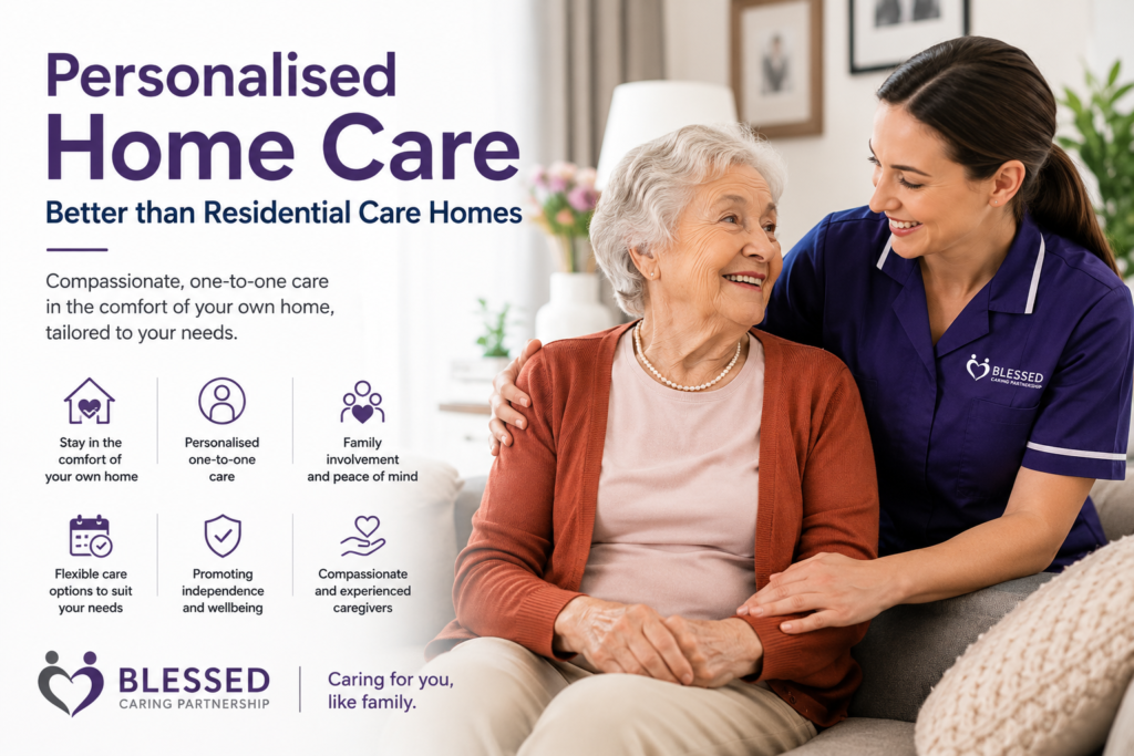 Professional caregiver providing personalised home care support to an elderly woman at home in Cheshire, promoting independence, comfort, and wellbeing.