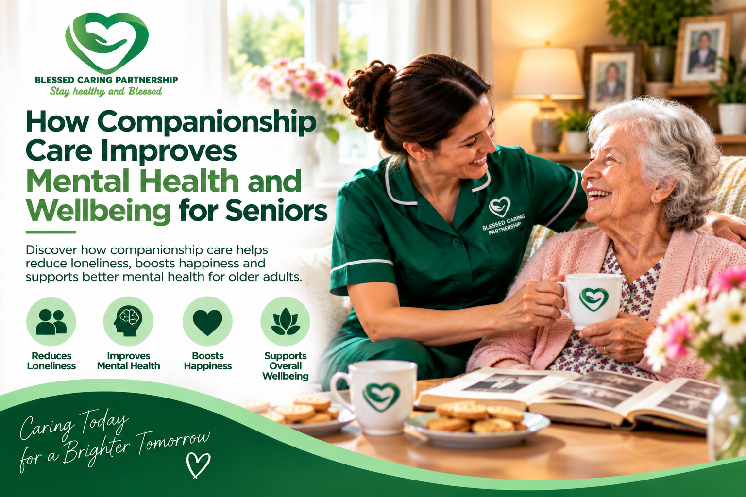 Companionship care worker supporting a senior woman with conversation and emotional wellbeing at home