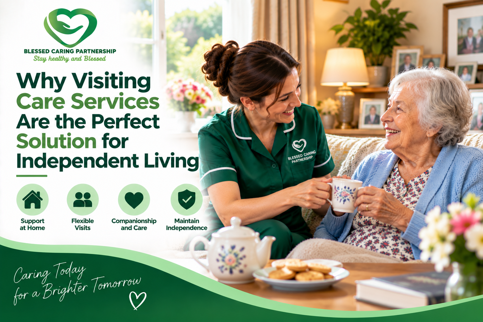 Visiting care worker supporting an elderly woman at home with flexible visits and personalised care