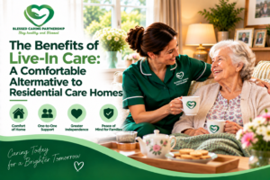 Live-in care worker supporting an elderly woman at home with personalised one-to-one care and companionship