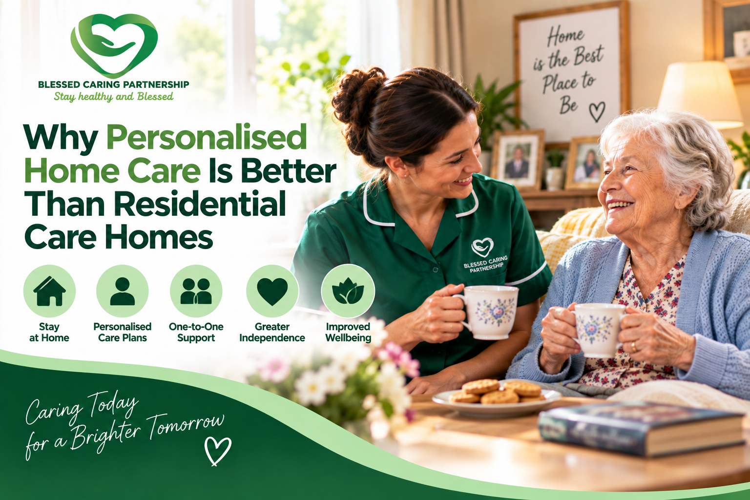 Personalised home care worker supporting an elderly woman comfortably at home