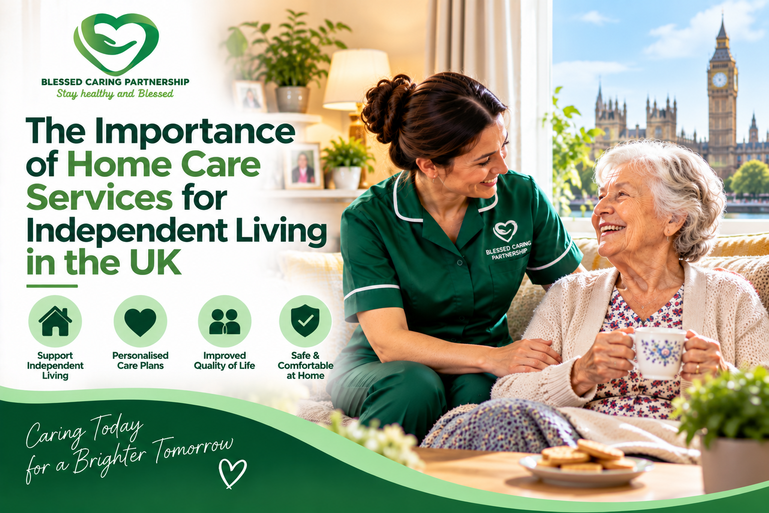 Home care worker supporting an elderly woman at home to maintain independent living in the UK