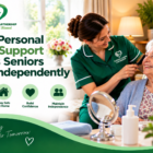 Personal care worker helping a senior woman with daily care while supporting independent living at home