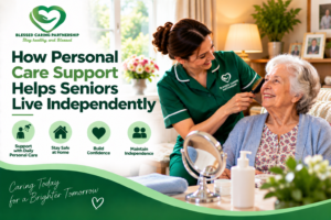 Personal care worker helping a senior woman with daily care while supporting independent living at home