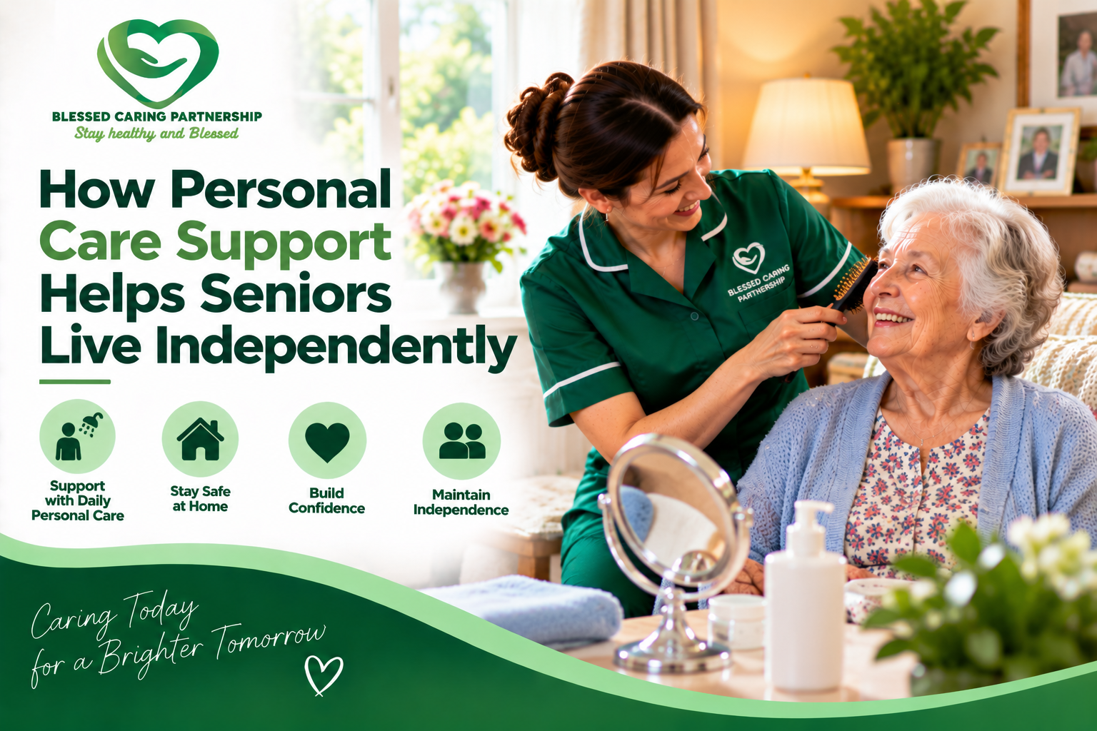 Personal care worker helping a senior woman with daily care while supporting independent living at home