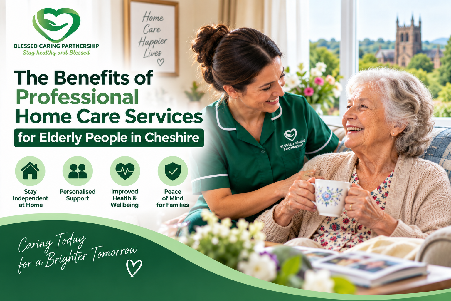 Professional home care worker supporting an elderly woman at home in Cheshire
