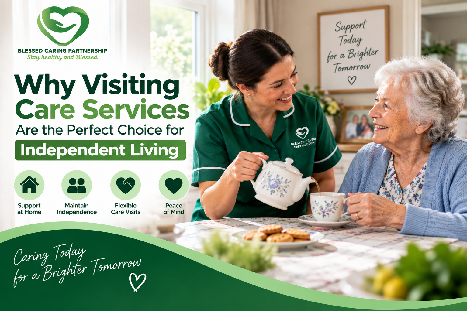 Visiting care worker supporting an older woman at home with flexible care and daily support