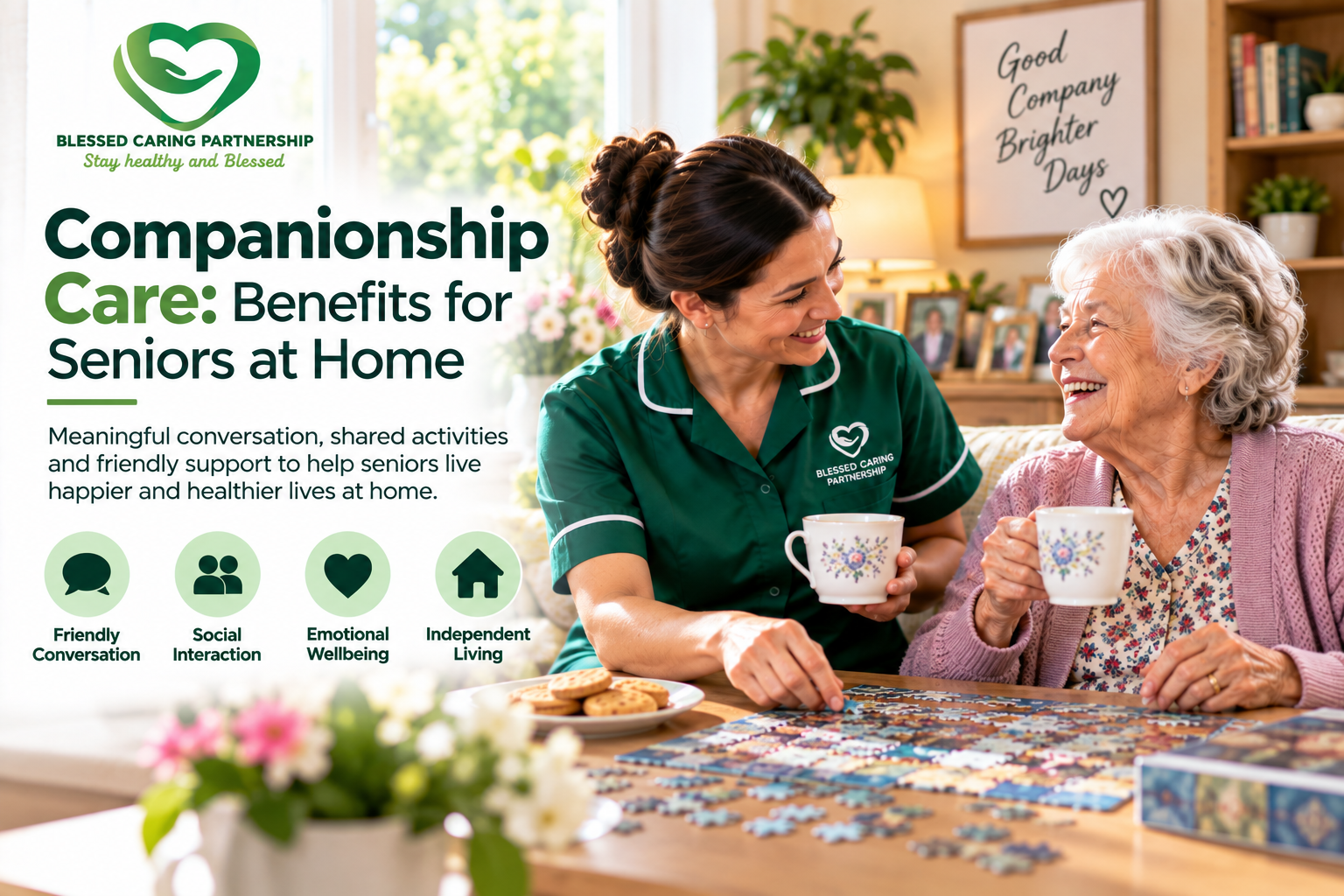 Companionship care worker supporting a senior woman at home with conversation and shared activities