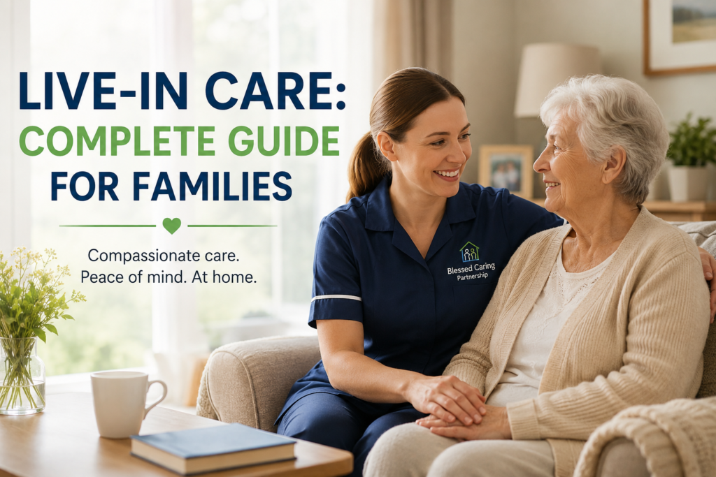 Professional live-in care caregiver supporting an elderly woman at home with personalised care, companionship, and independent living services in Cheshire by Blessed Caring Partnership.