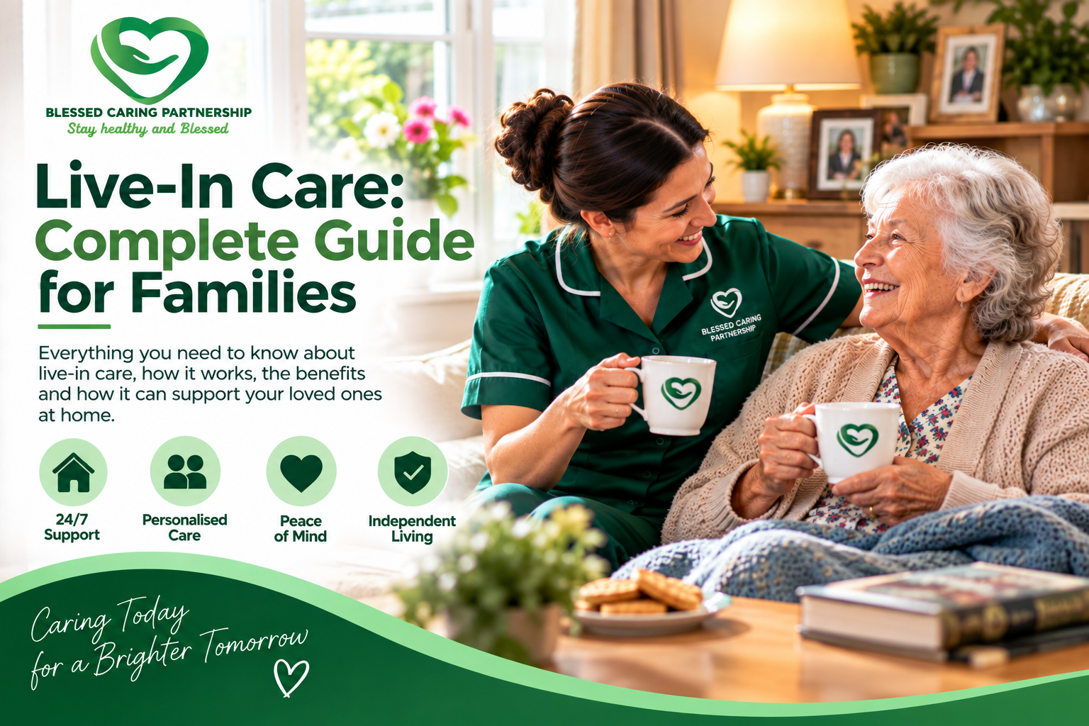 Live-in care worker supporting an elderly woman at home with personalised daily care and companionship