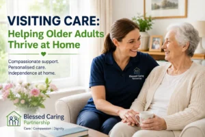 Visiting care worker providing compassionate support to an older adult at home