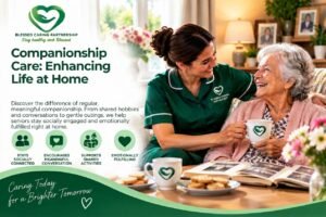 A warm, professional infographic for 'Blessed Caring Partnership' featuring a caregiver in green scrubs and a smiling senior woman sharing a coffee and photo album. Large dark green text reads 'Companionship Care: Enhancing Life at Home', and smaller text details benefits like reduced loneliness. Four circular icons depict 'Stays Socially Connected', 'Encourages Meaningful Conversation', 'Supports Shared Activities', and 'Emotionally Fulfilling'. The bottom has a dark green curve with the tagline 'Caring Today for a Brighter Tomorrow' and a heart.