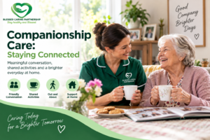 Companionship care worker supporting an older woman at home with friendly conversation and shared activities