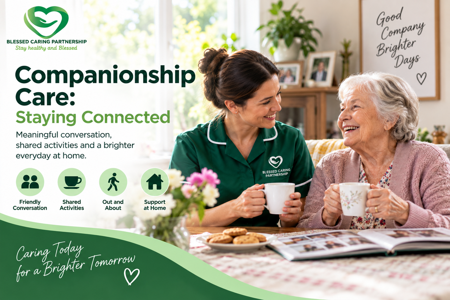 Companionship care worker supporting an older woman at home with friendly conversation and shared activities