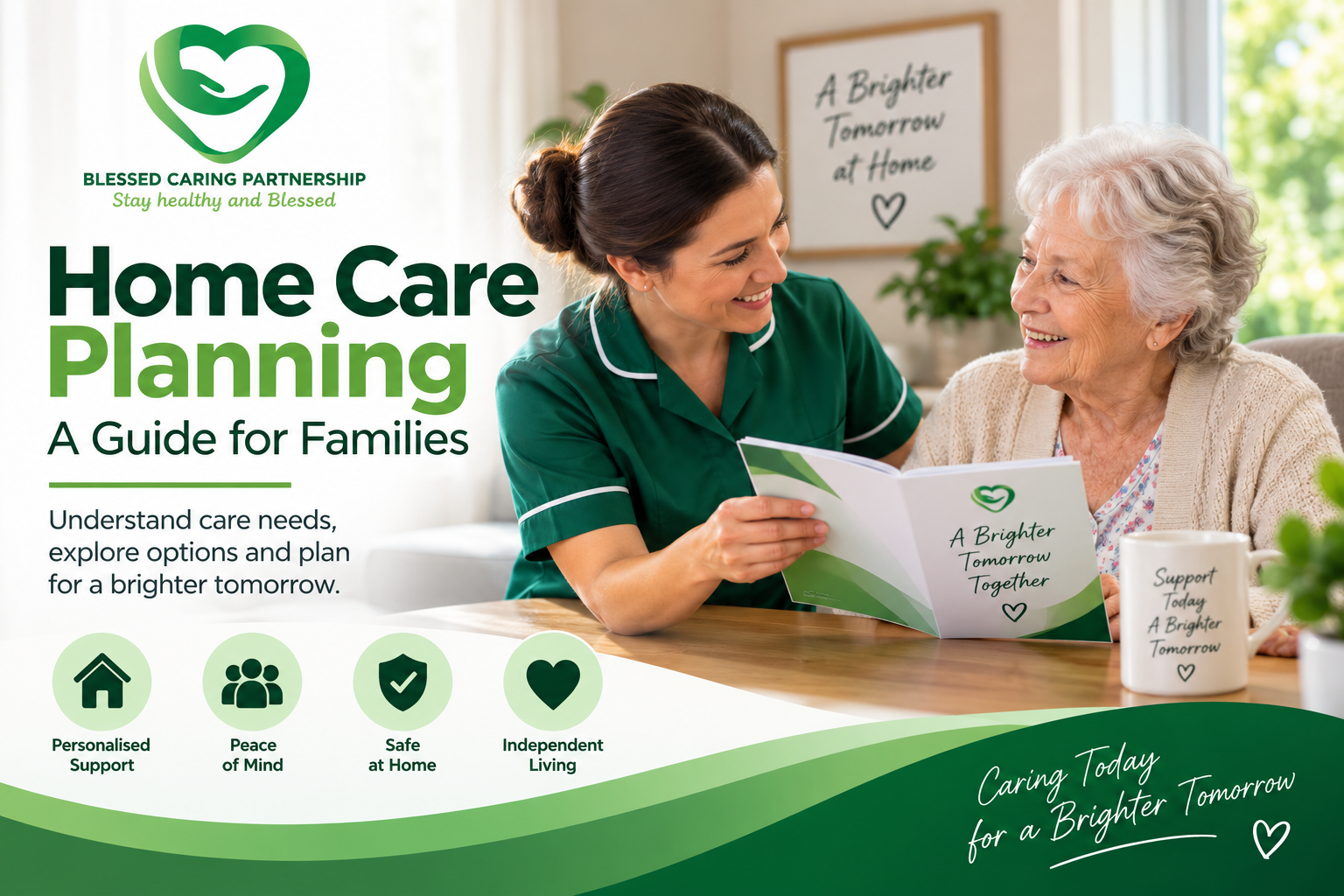 Caregiver discussing home care planning with an older woman at home