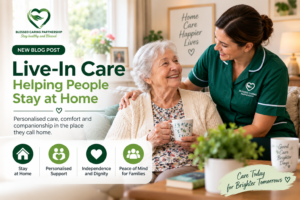 Live-in care worker supporting an older woman at home