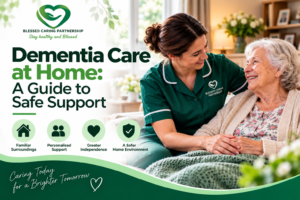 Professional caregiver supporting an elderly woman with dementia at home.