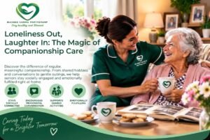A warm, professional infographic for 'Blessed Caring Partnership' featuring a caregiver in green scrubs sharing a coffee and photo album with a happy senior woman in a pink cardigan. Large text reads 'Loneliness Out, Laughter In: The Magic of Companionship Care', with icons detailing benefits like 'Stays Socially Connected'.