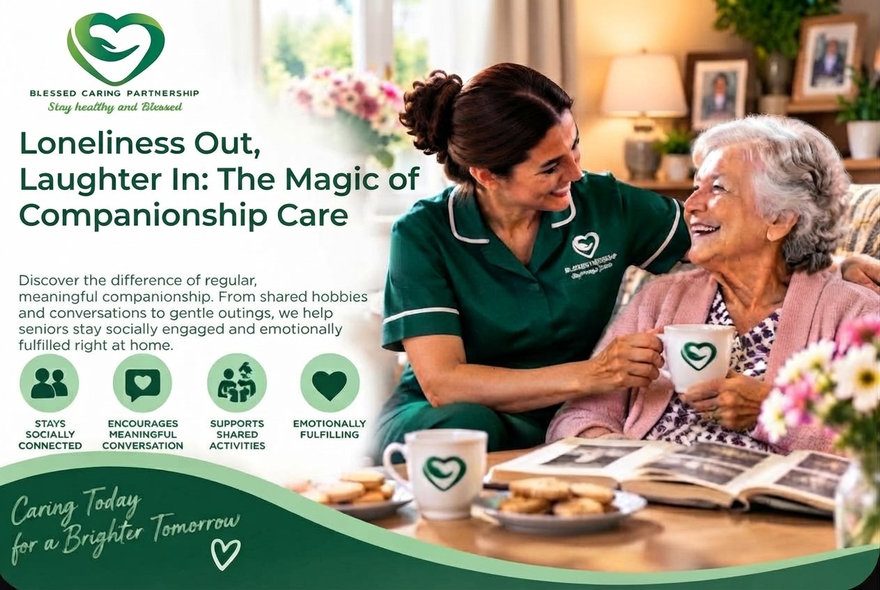 A warm, professional infographic for 'Blessed Caring Partnership' featuring a caregiver in green scrubs sharing a coffee and photo album with a happy senior woman in a pink cardigan. Large text reads 'Loneliness Out, Laughter In: The Magic of Companionship Care', with icons detailing benefits like 'Stays Socially Connected'.