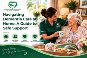 Blessed Caring Partnership dementia care professional gently holding hands and smiling with an elderly woman at home