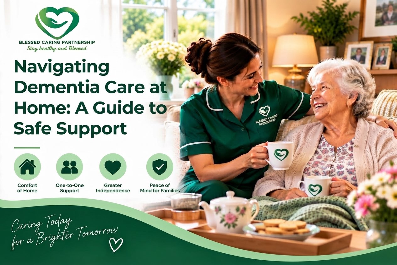 Blessed Caring Partnership dementia care professional gently holding hands and smiling with an elderly woman at home