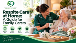 Respite care at home with a professional caregiver providing compassionate support to an elderly woman.