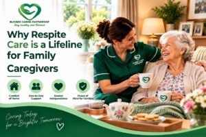 Blessed Caring Partnership professional caregiver supporting an elderly woman with tea during a respite care visit at home